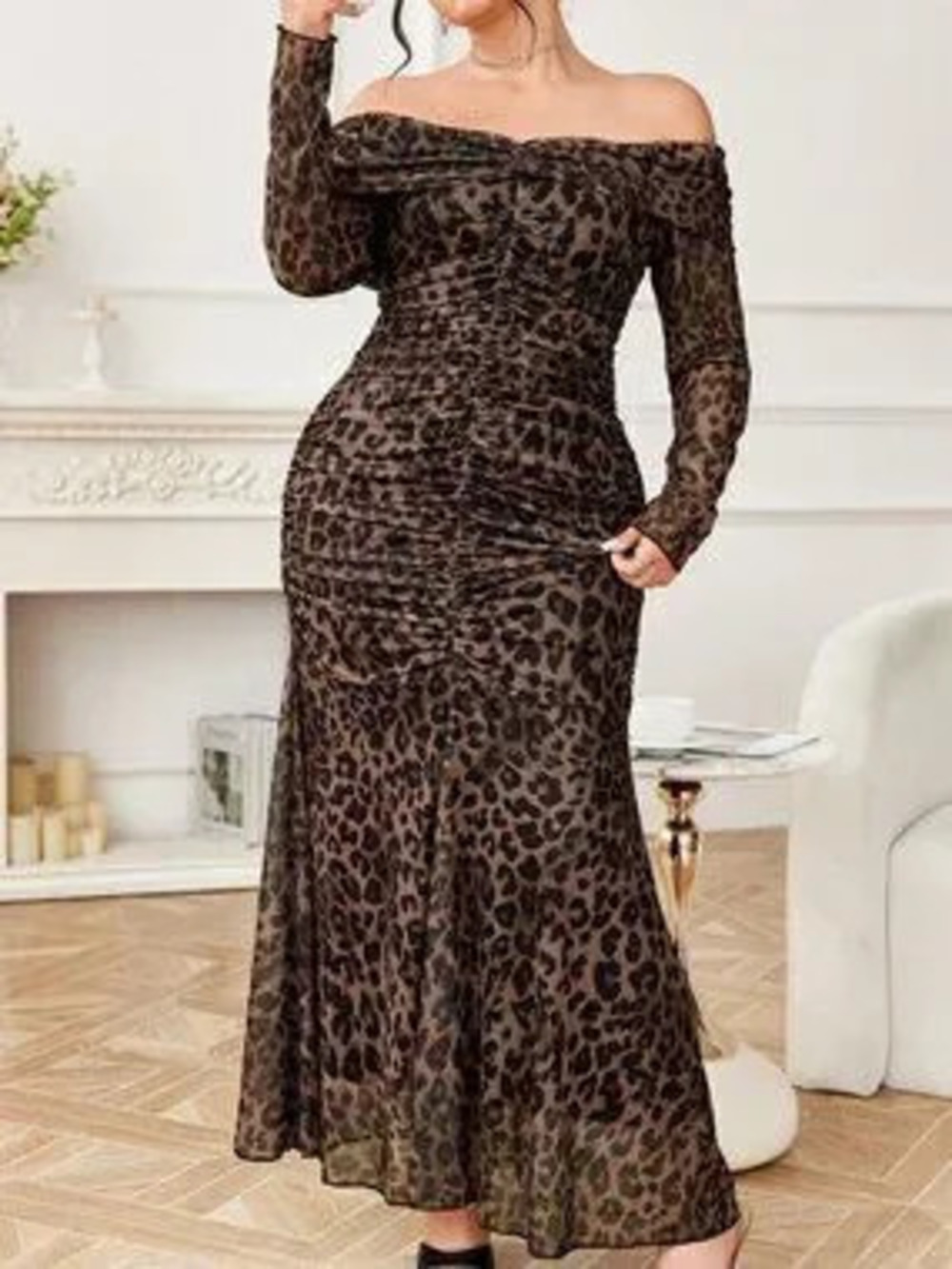 Coffee Brown Elegant Women's Leopard Print Ruched Off Shoulder Long Sleeve Dress